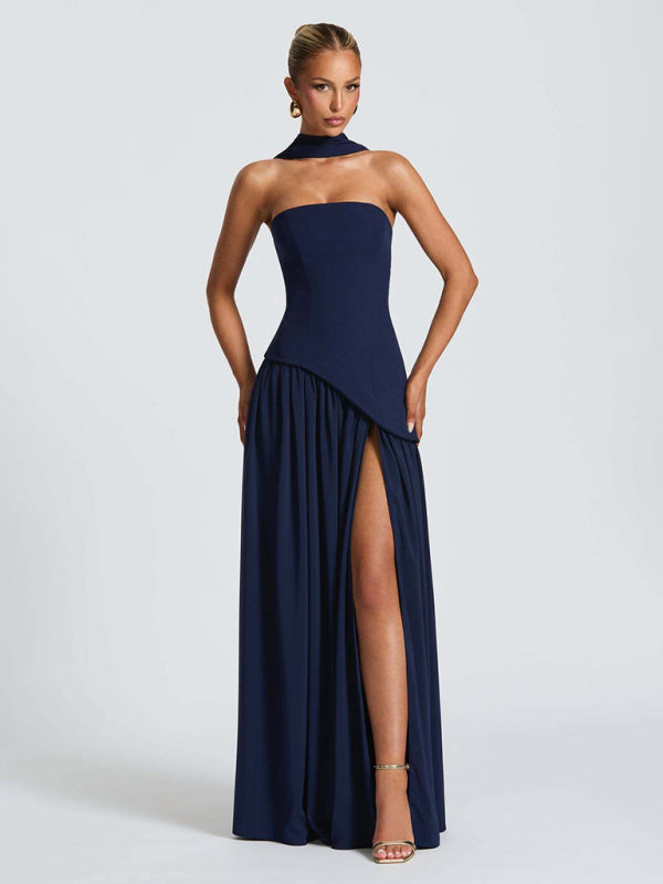 Strapless solid color open back slit dress
