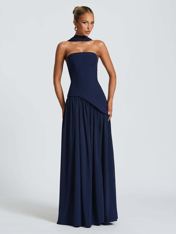 Strapless solid color open back slit dress