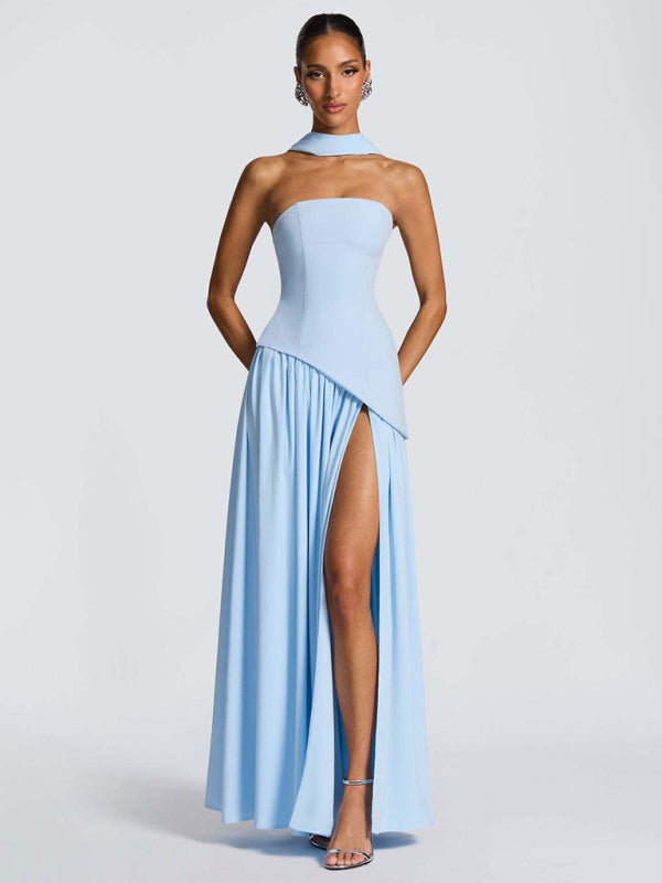Strapless solid color open back slit dress