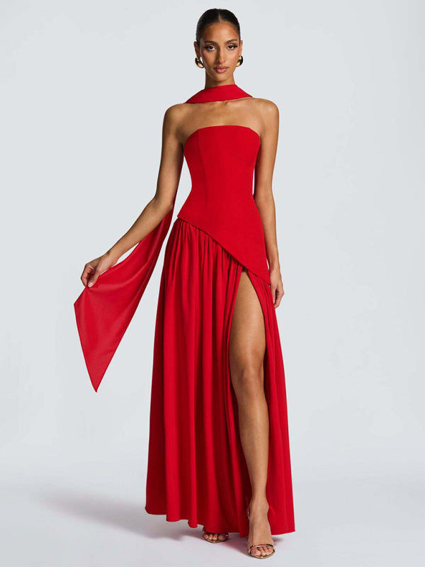 Strapless solid color open back slit dress