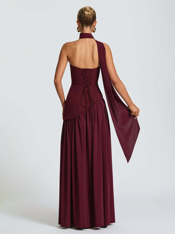 Strapless solid color open back slit dress