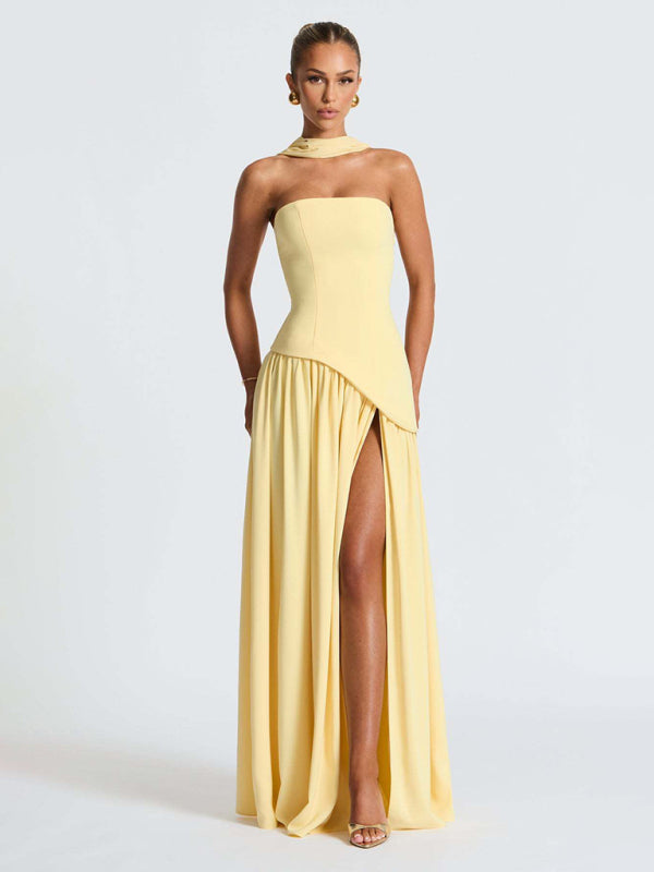 Strapless solid color open back slit dress