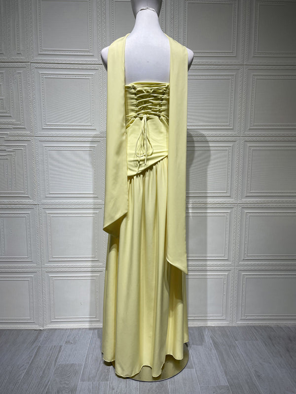 Strapless solid color open back slit dress