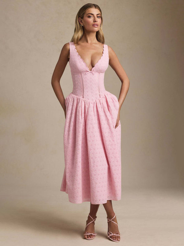 Solid color embroidered sexy elegant suspender dress