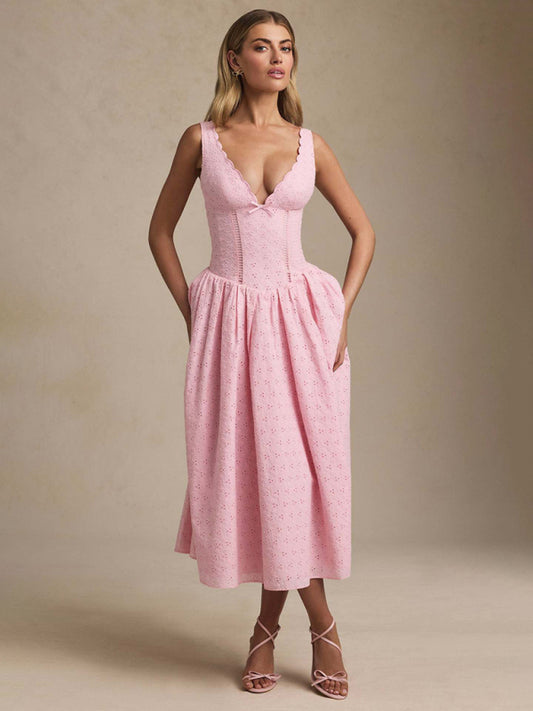 Solid color embroidered sexy elegant suspender dress