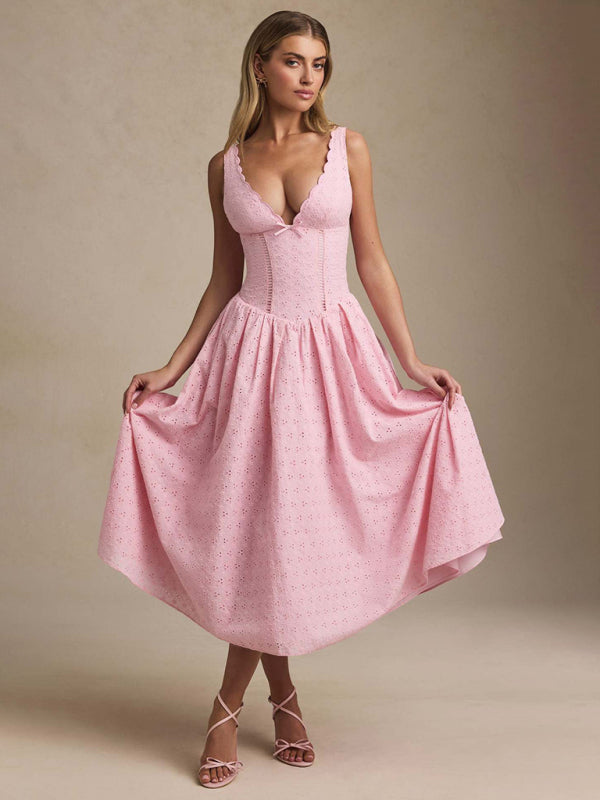 Solid color embroidered sexy elegant suspender dress