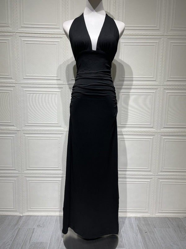 Sexy halterneck deep V-neck halter-back slit solid color maxi dress