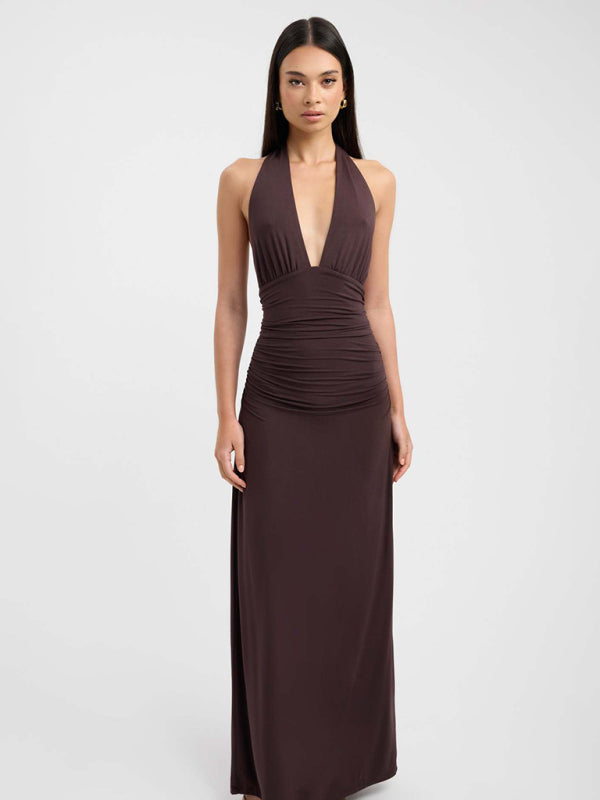 Sexy halterneck deep V-neck halter-back slit solid color maxi dress