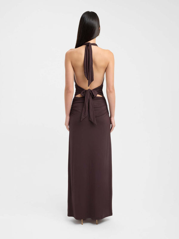 Sexy halterneck deep V-neck halter-back slit solid color maxi dress