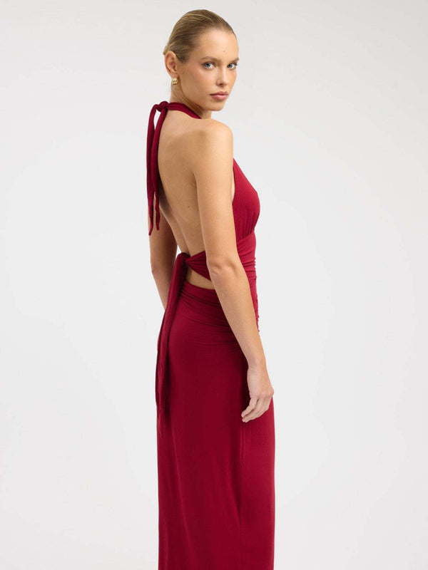 Sexy halterneck deep V-neck halter-back slit solid color maxi dress