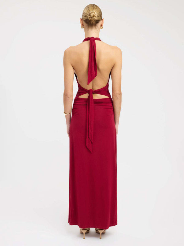 Sexy halterneck deep V-neck halter-back slit solid color maxi dress