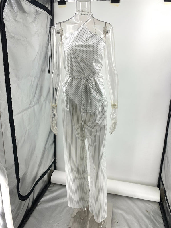 One-shoulder strap irregular striped top and trousers two-piece set
