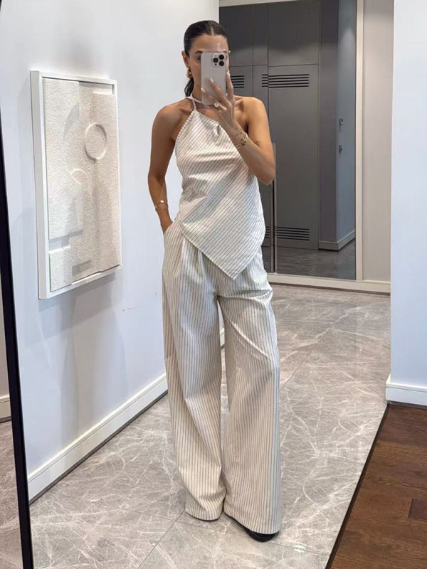 One-shoulder strap irregular striped top and trousers two-piece set