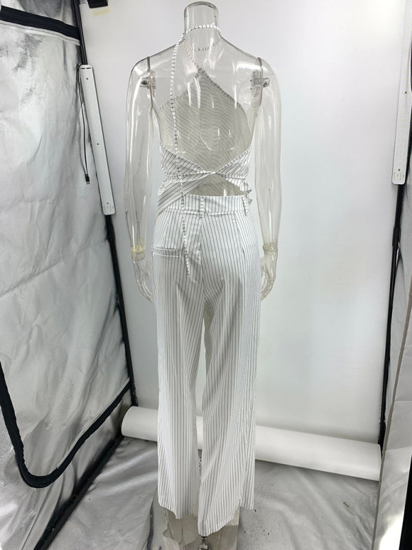 One-shoulder strap irregular striped top and trousers two-piece set