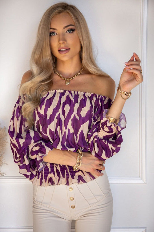 Women's Printed Off Shoulder Loose Short Sleeve Top