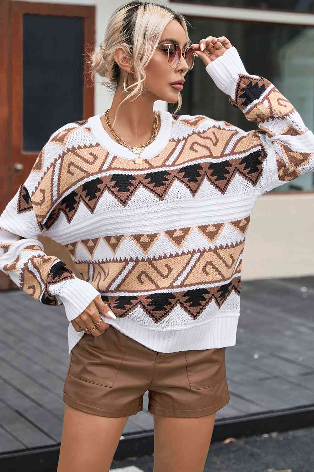 Geometric Round Neck Dropped Shoulder Sweater