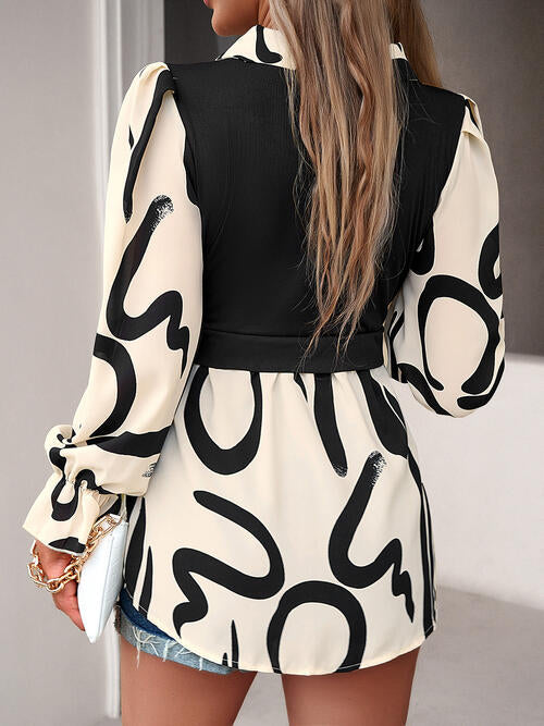 Collared Neck Black And White Color-Contrast Print Long Sleeve Shirt