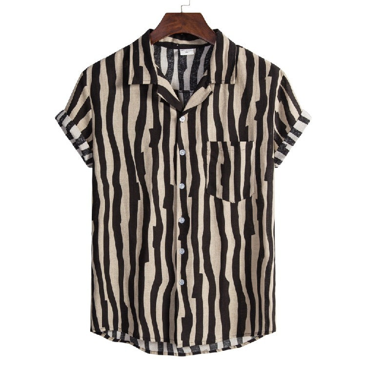 Men's Cotton Linen Striped Short Sleeve Shirt Beach Vacation Plus Size Shirt