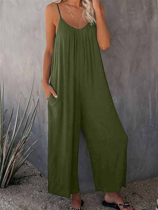 Trousers solid color side pocket loose casual suspender jumpsuit