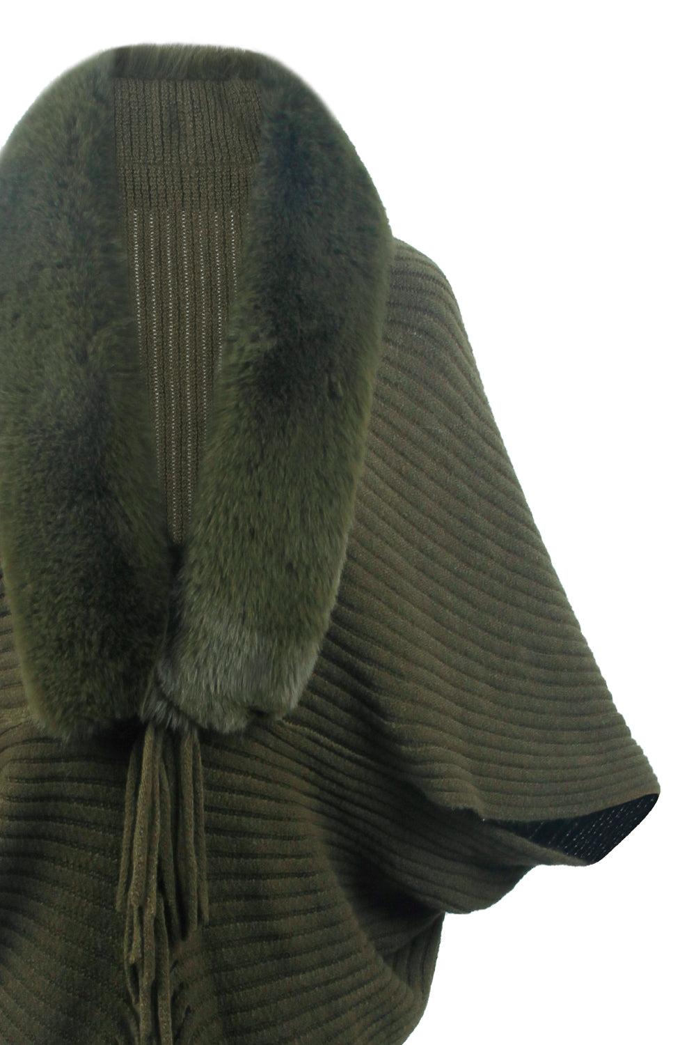 Fringe Detail Long Sleeve Ribbed Poncho