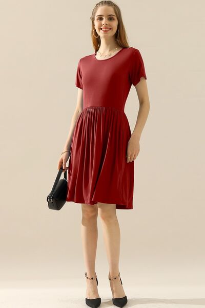 Ninexis Round Neck Ruched Dress with Pockets