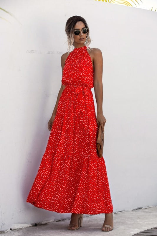 New polka dot print halter neck tie dress dress