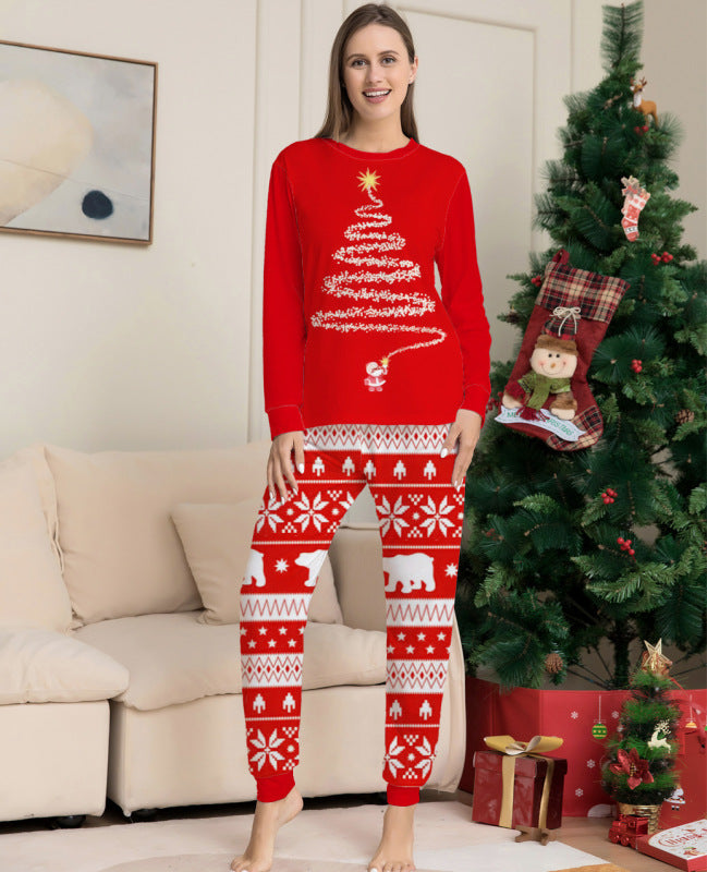 Home clothes printed pajamas Christmas parent-child round neck long sleeve suit