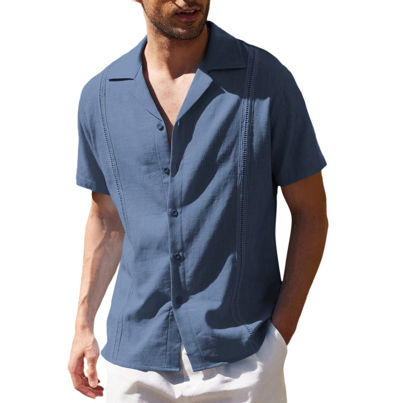 Men's Loose Casual Linen Shirt Cuban Guayabera Short Sleeve Beach Shirt