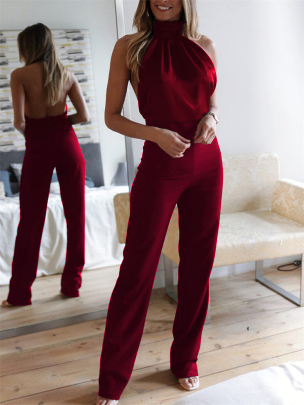 Women's Sexy Temperament Solid Color Halter Neck Backless Slim Jumpsuit
