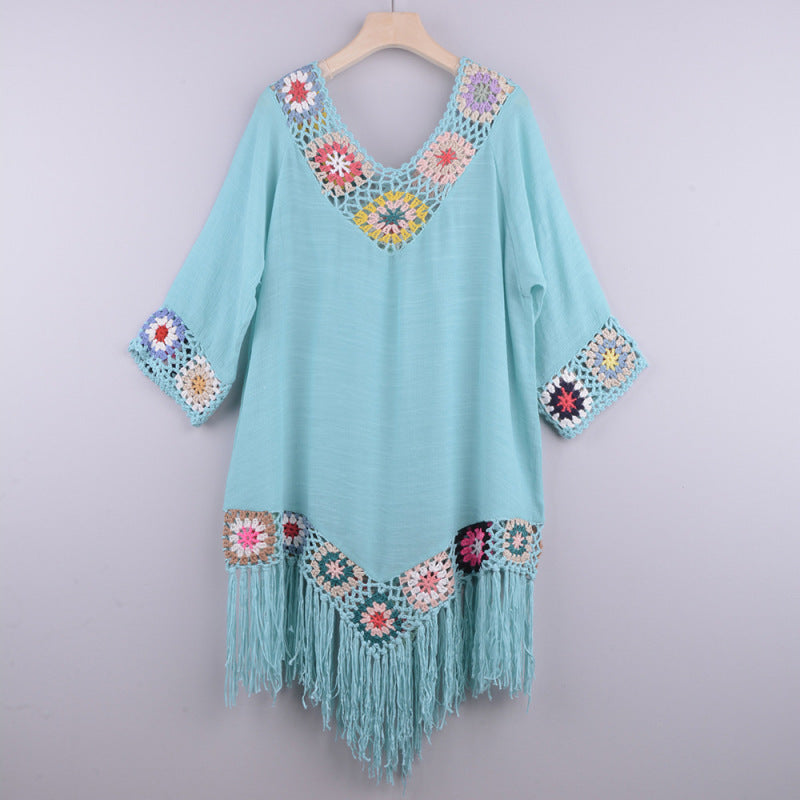 Three-quarter sleeve chain link flower splicing irregular tassel anti-sun blouse ethnic style dress