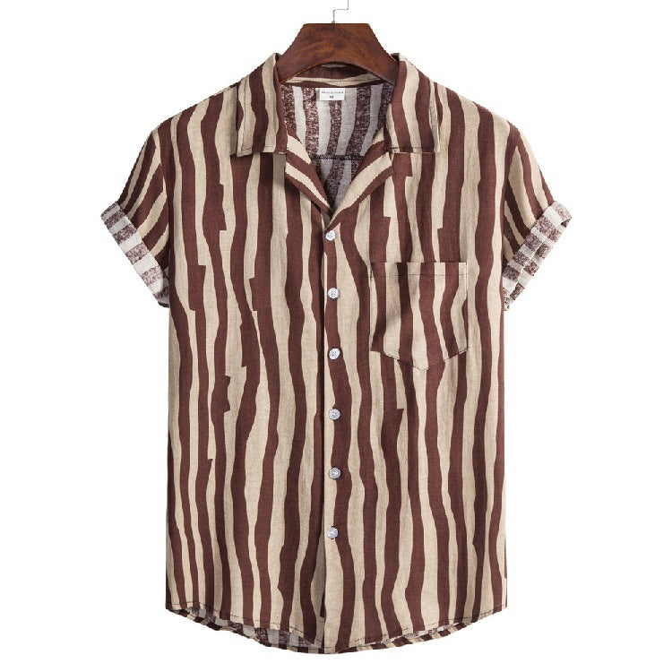 Men's Cotton Linen Striped Short Sleeve Shirt Beach Vacation Plus Size Shirt