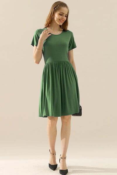 Ninexis Round Neck Ruched Dress with Pockets