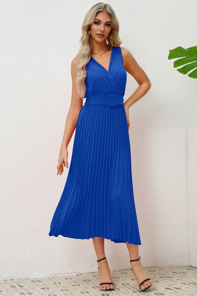 Surplice Sleeveless Midi Pleated Dress