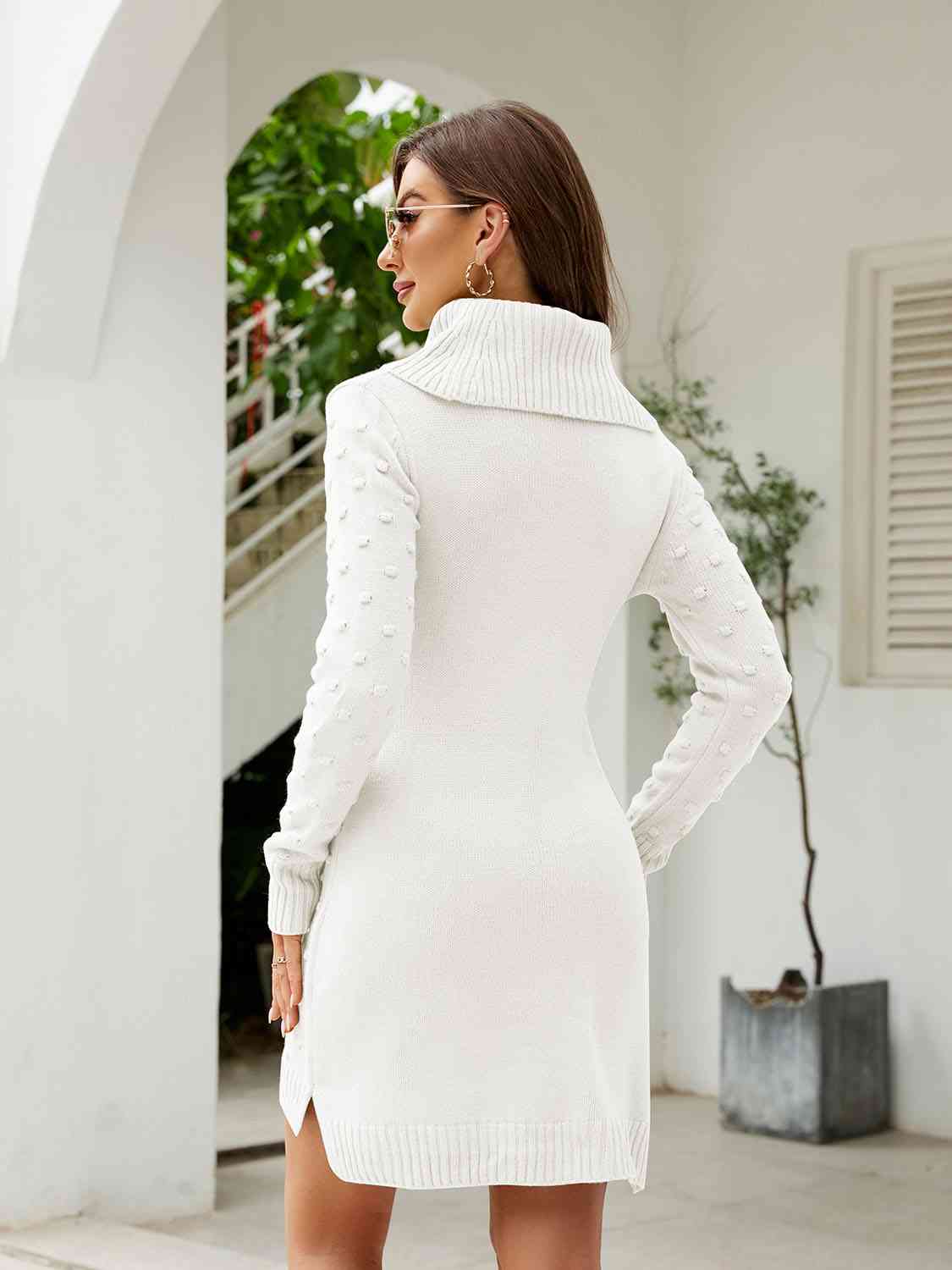 Turtleneck Long Sleeve Slit Sweater Dress
