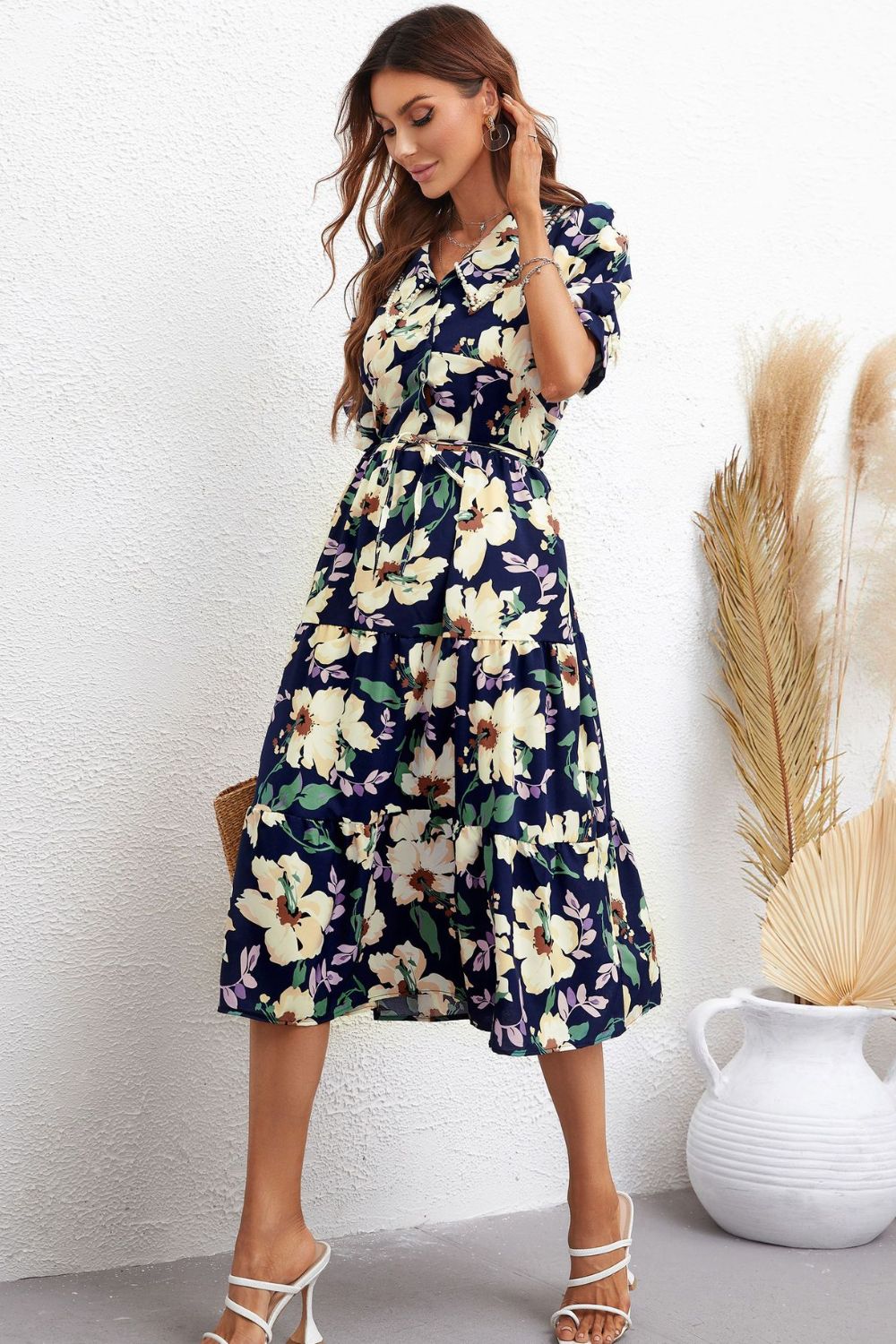 Floral Collared Neck Tiered Midi Dress