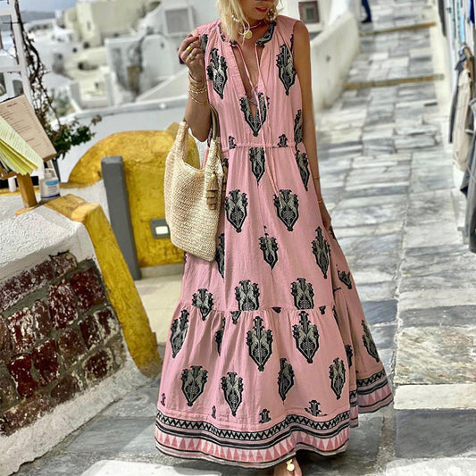 Women's Sleeveless Midi Bohemian Print Dress