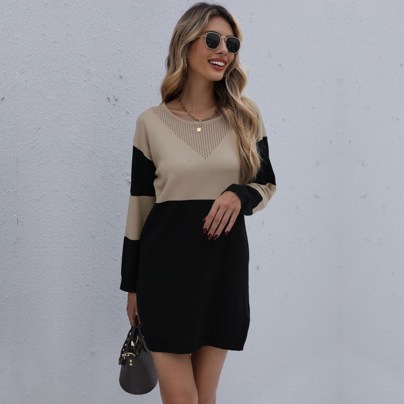 Round Neck Loose Knit Panel Contrast Sweater Dress