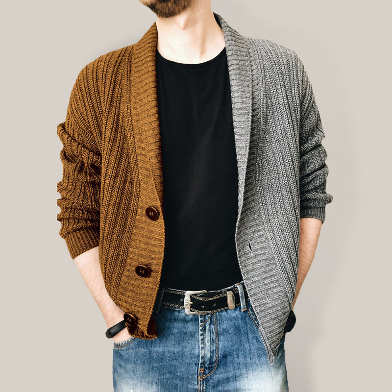 Men's Two Tone Patchwork Single Breasted Long Sleeve Sweater Cardigan