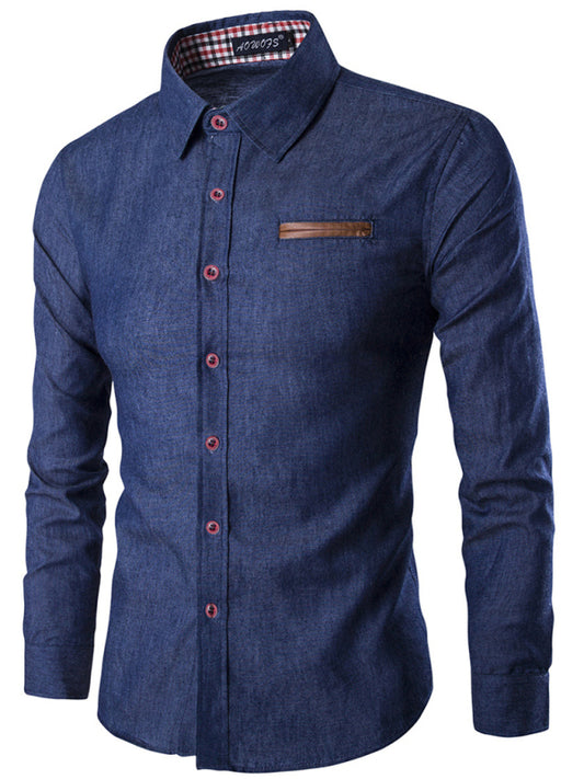 Men’s Solid Color Contrast Collar Long Sleeve Denim Shirt