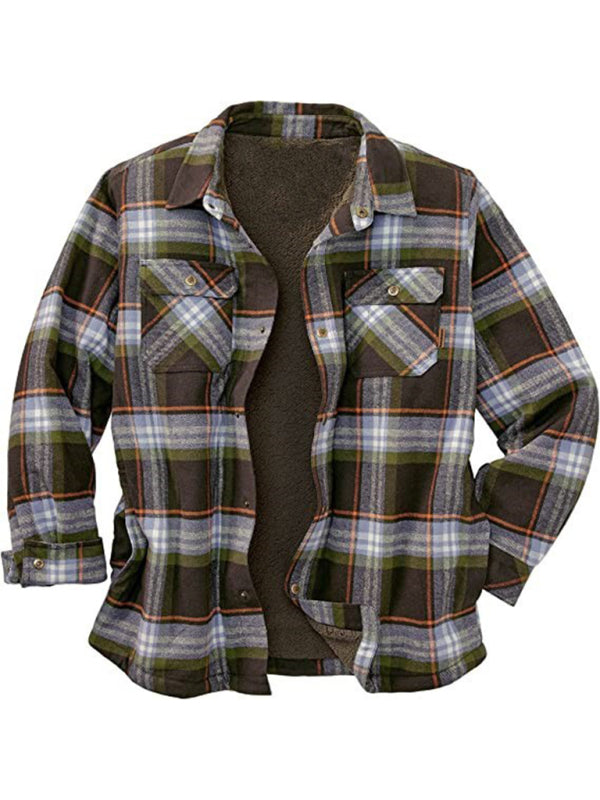 Long Sleeve Lapel Lapel Plaid Fleece Shirt Men's Jacket