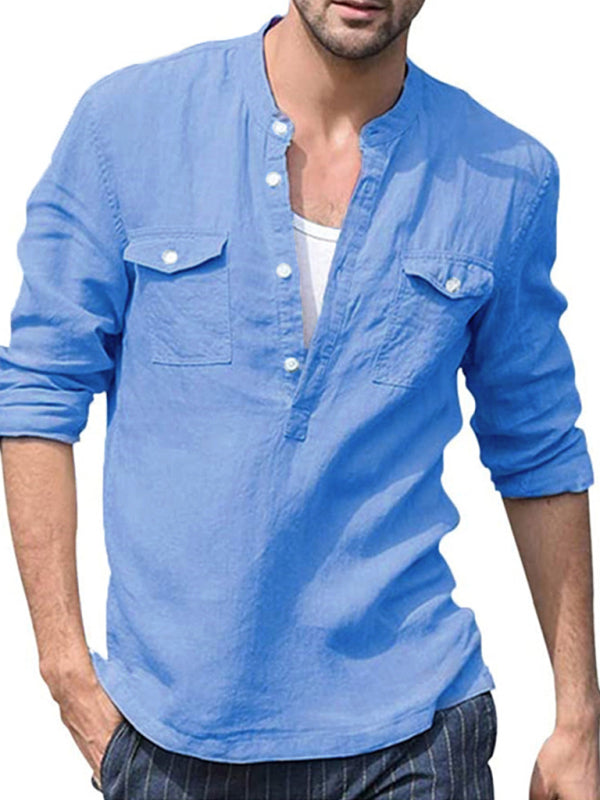 Men's Solid Color Cotton Linen Pocket Shirt
