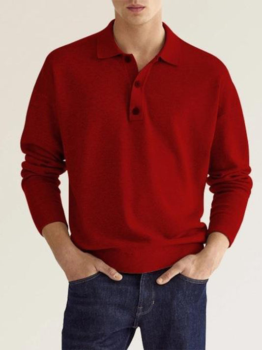 Long Sleeve V Neck Button Men's Casual Top Polo Shirt