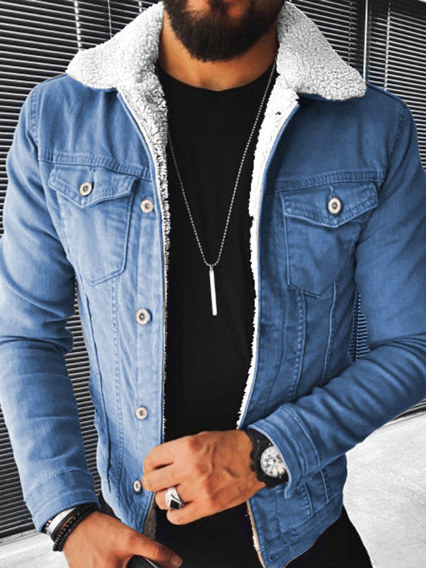 Plush Style Thickened Denim Men's Outer Jacket