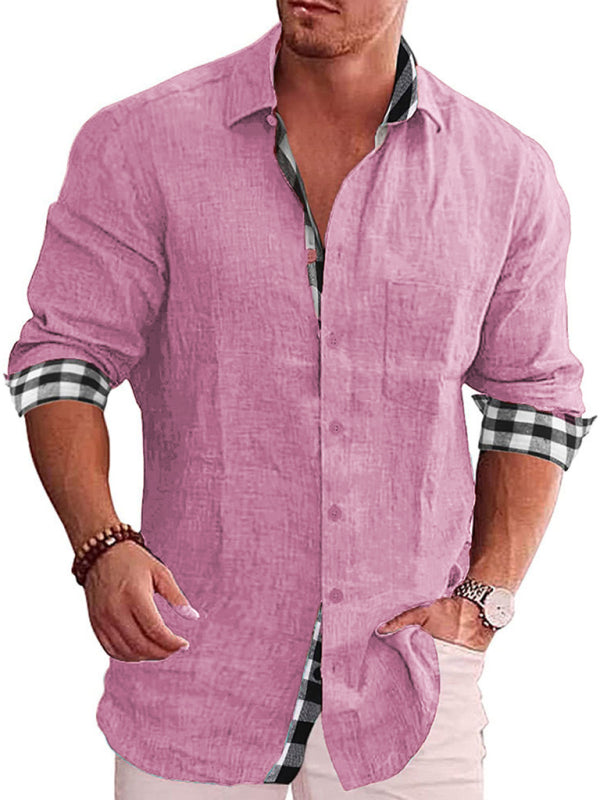 Men's Plaid Trim Long Sleeve Button Up Shirt