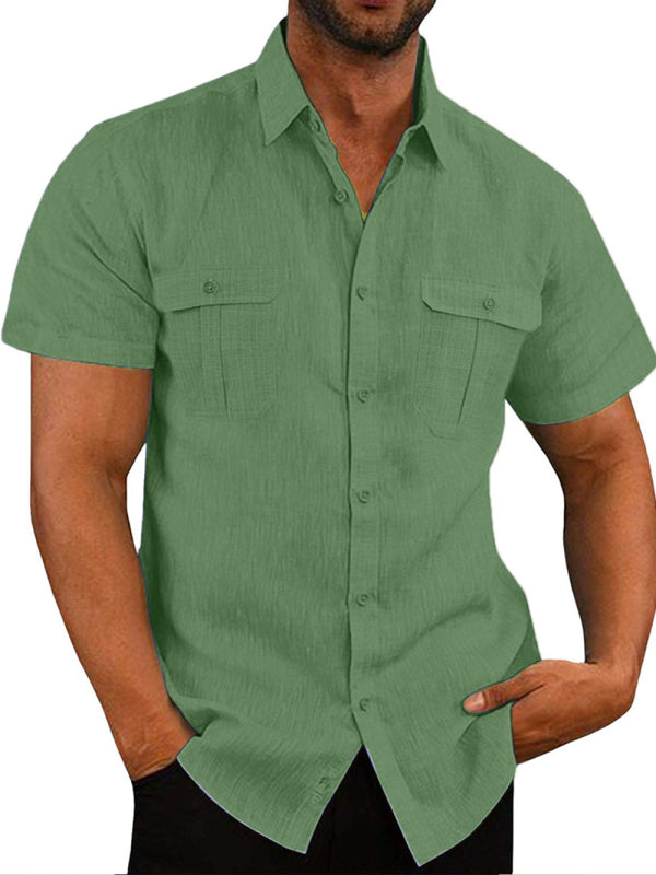 Men's Shirt Double Pocket Cotton Linen Short Sleeve Shirt Casual Vacation Shirt