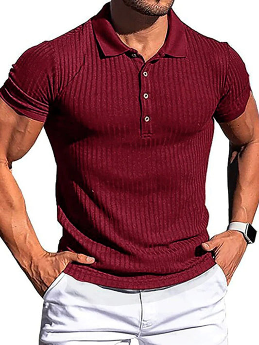 New Men's High Stretch Vertical Stripe Long Sleeve POLO Shirt Slim Fit Short Sleeve Polo Shirt