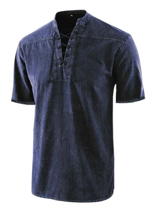 Men's Solid Color Lace Up Woven Short Sleeve Top