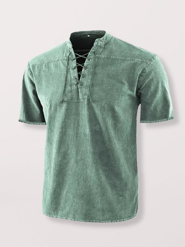 Men's Solid Color Lace Up Woven Short Sleeve Top