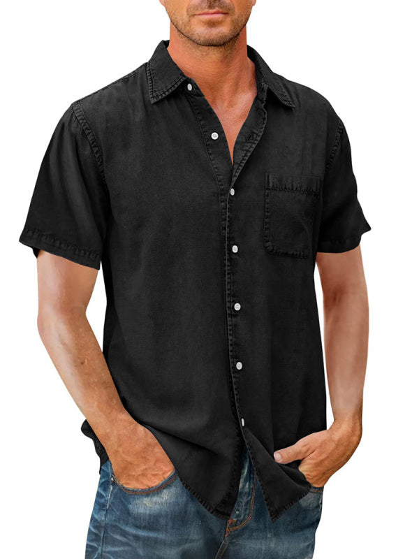 Men's Casual Solid Color Short Sleeve Shirt Slim Fit Lapel Shirt