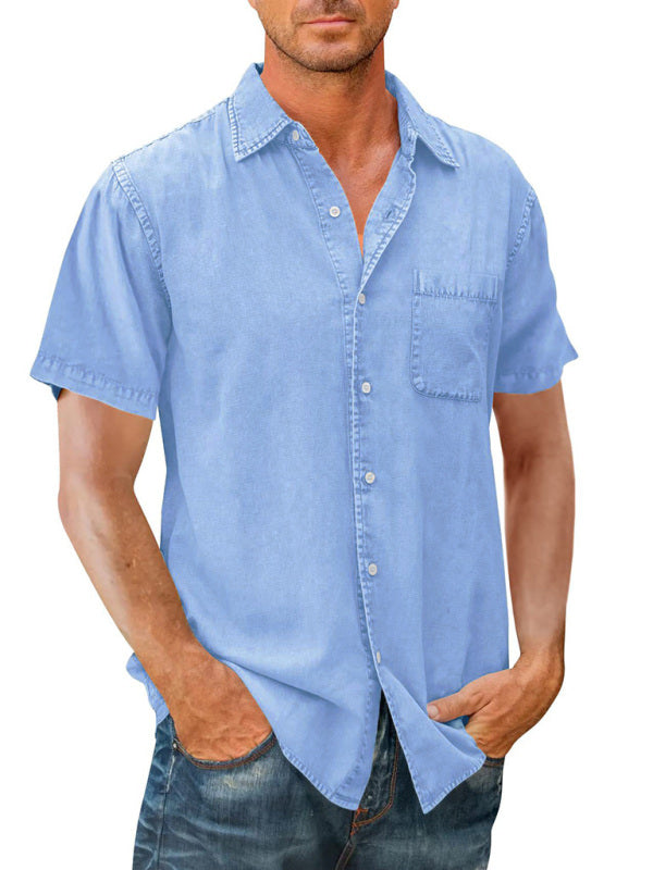Men's Casual Solid Color Short Sleeve Shirt Slim Fit Lapel Shirt